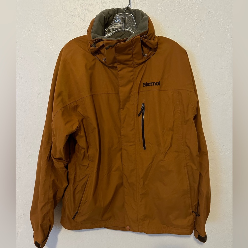 Marmot Men's Nylon Jacket Rain Coat Vented Hooded Packable Medium Orange
